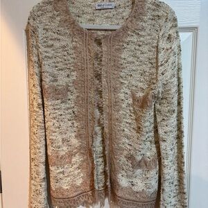 Elegant Beige Knit Sweater with Lace Trim
